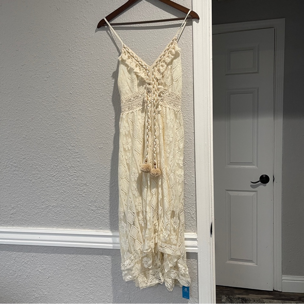 Cupshe women’s Cream Lace Spaghetti Strap swim coverup Dress XS NWT